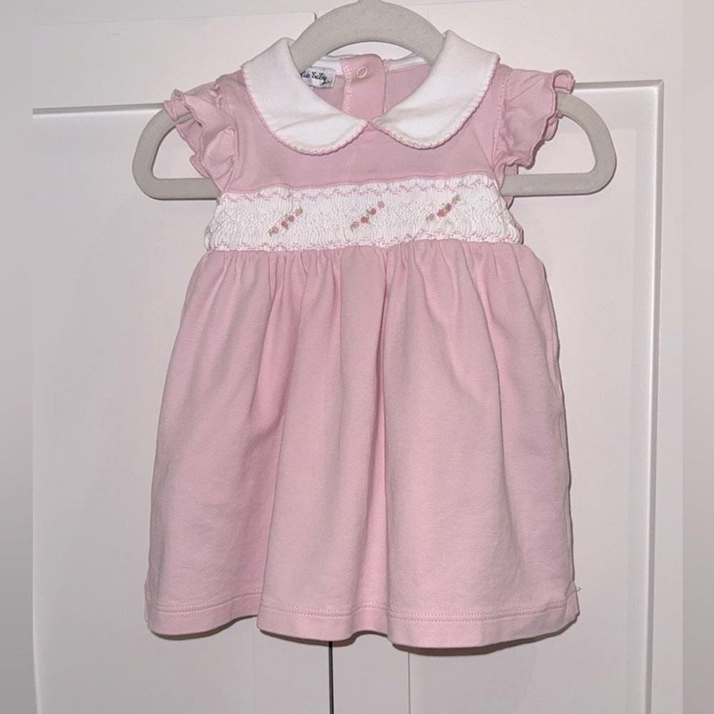 Magnolia Baby Pink Smocked Dress w/ Flutter Sleeves, PP Collar, & Bloomers 9M